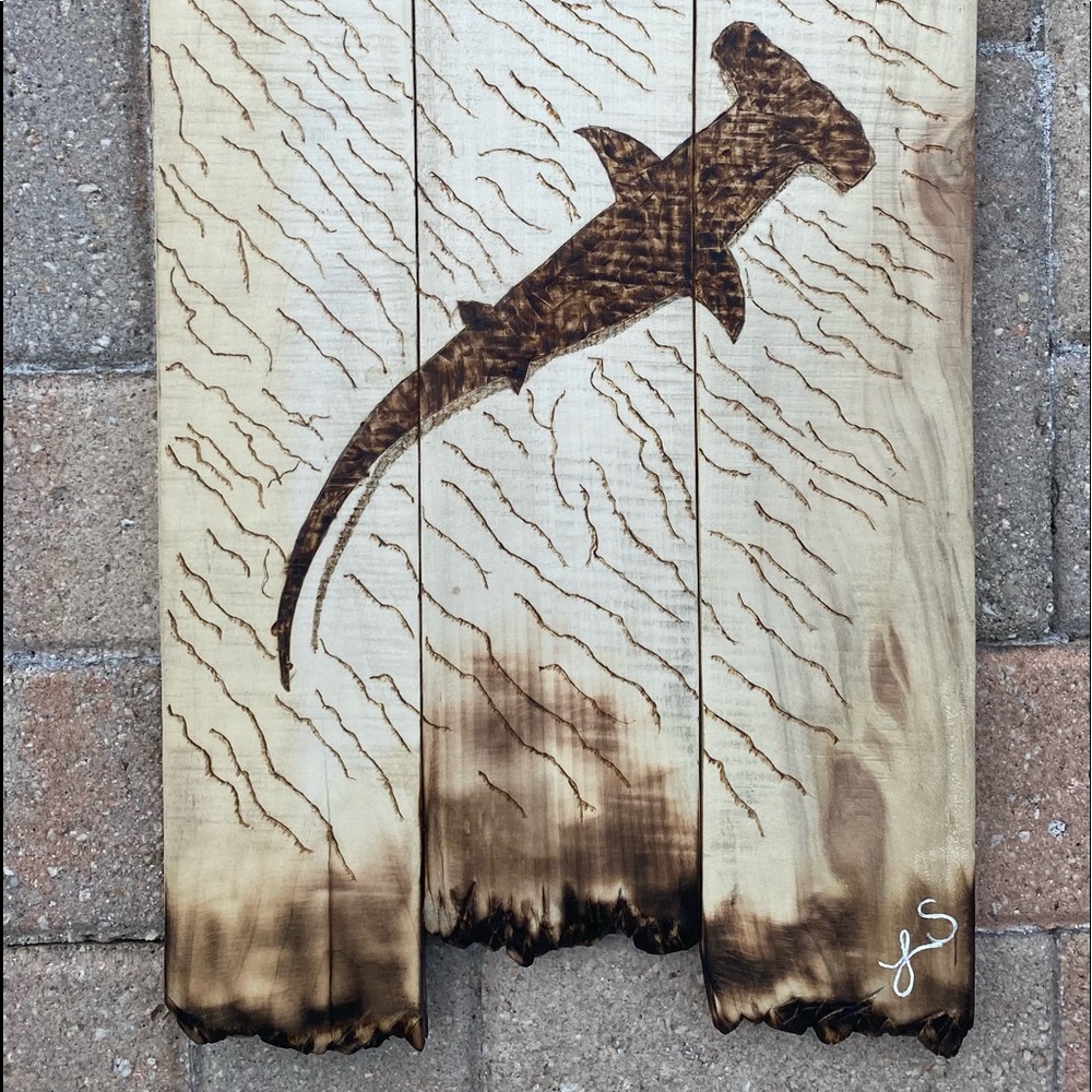 Wood burned swimming hammerhead
